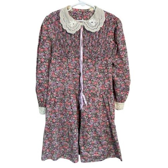 Unbranded Other - VTG Girls Smocked Floral Dress 6/8 Long Sleeve Collar Lace Trim Pink Purple